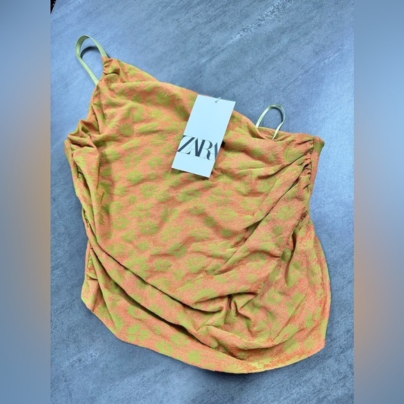 Zara Tops - ZARA Bright Lime Green and Orange Floral One Shoulder Adjustable Strap Ruch Top